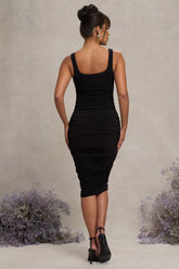Black Maternity Square Neck Ruched Midi Dress